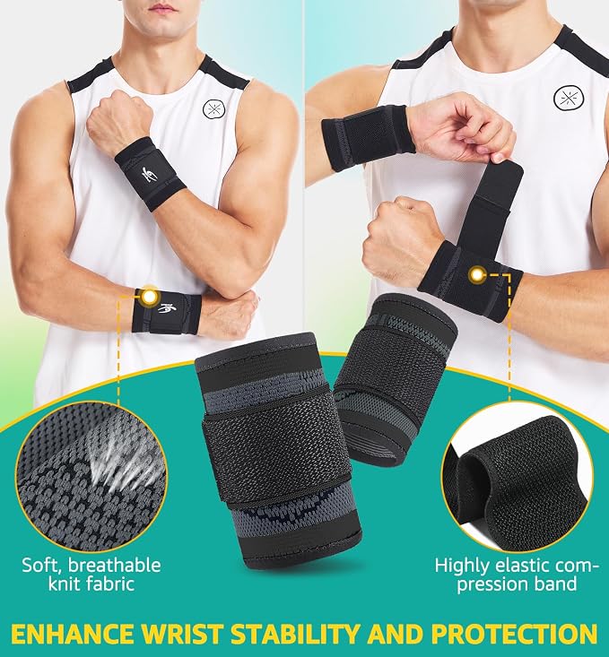 HiRui Wrist Brace Wrist Wraps Compression Wrist Strap, Wrist Support for Work Fitness Weightlifting Sprains Tendonitis, Carpal Tunnel Arthritis, Pain Relief, Adjustable Wristbands 2 PACK (Black, L)