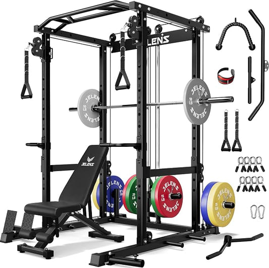JELENS C12 Power Rack, 2000LBS Squat Rack with Cable Crossover System, Workout Cage with More Training Attachments for Home Gym