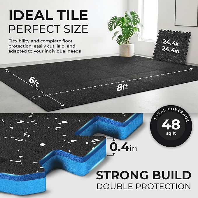 bemaxx Gym Mats Set - 12 pcs EVA Interlocking Foam Floor Tiles (24.4"x24.4"x0.4") 48 sqft Protective Gym Flooring Sports Home Workout Exercise Mats Puzzle Garage Fitness Play-Room Pool Treadmill Bike