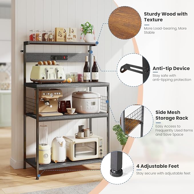 DUMOS 23.6" Bakers Rack with Power Outlet for Kitchen Organization | Microwave Stand with 3 AC Outlets, On/Off Switch and 6.5ft Power Cord, 3 Open Tiers and Adjustable Middle Shelf, Classic Grey