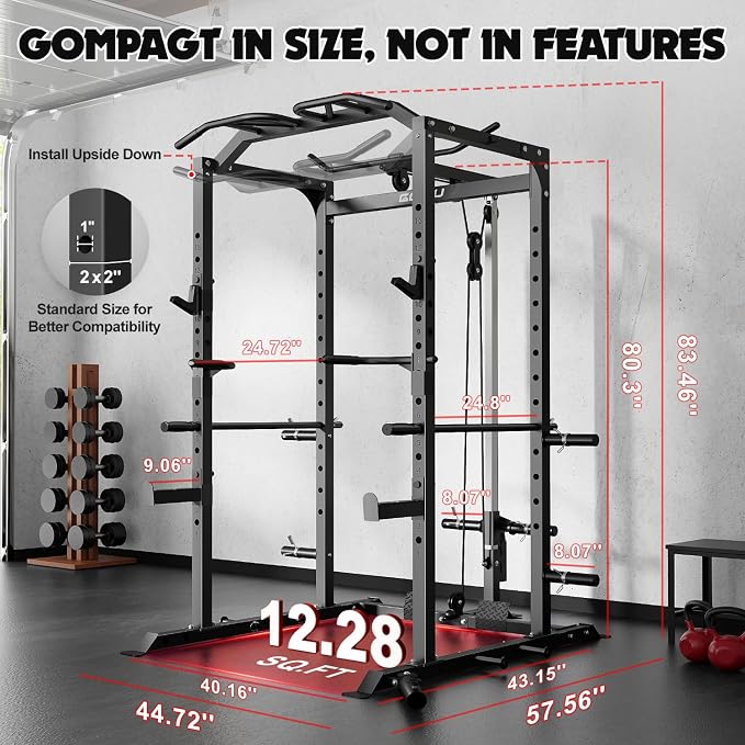C1-V4 Power Cage, 2000LBS Squat Rack with LAT Pulldown, Multi-Function Weight Cage Strength Training Machine, Workout Cage with More Attachments for Home Gym Garage