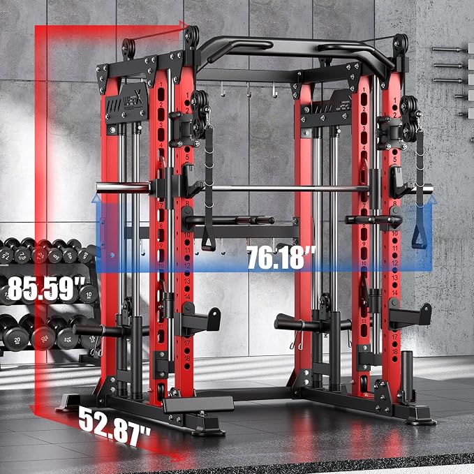 Smith Machine with Cable Crossover System, Multi-Function Power Cage Squat Rack for Home Gym, Power Rack and Packages Weight Sets.