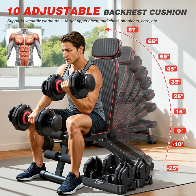 XDDIAS Workout Bench, 10 Backrests Adjustable Weight Bench with Extended Headrest, 800LBS Foldable Weight Bench for Home Gym, Incline Decline Flat Bench Compact for Small Space Training