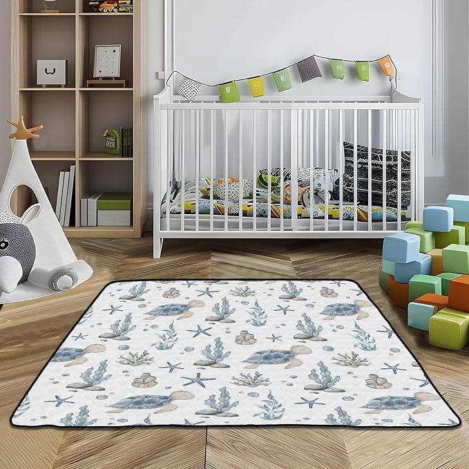 Baby Play Mat Sea Turtle Seashell Starfish 50" X 50" Play Gym Crawling Mat Soft Non-Slip Portable Picnic Floor Mat for Infant, Babies, Toddler, Kids