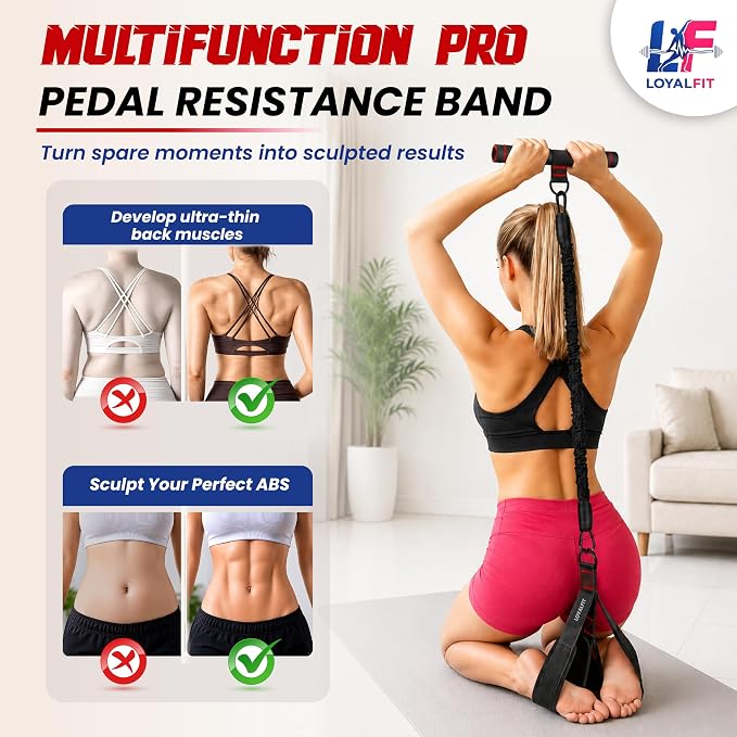 LOYALFIT Adjustable 3‑Tube Pedal Resistance Band with Handles – Foot Pedal Exercise Band for Sit‑Up, Core & Full‑Body Workouts – Portable Home Fitness Equipment + Cooling Towel
