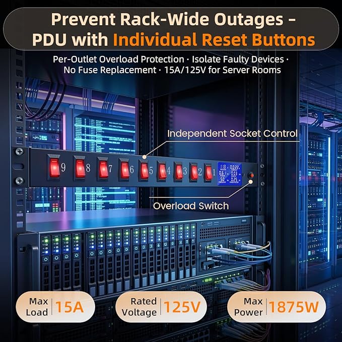 9 Outlet Rack Mount Power Strip with Individual Switches, PDU Surge Protector 15A 125V 1875W, 1U Server Rack Power Distribution Unit with Overload Protection and Power Monitoring, 6.5FT Cord