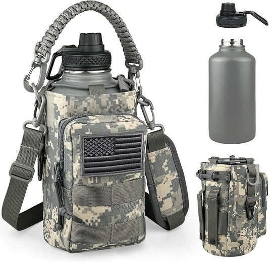 DEFUNX Half Gallon Water Bottle Insulated with Sleeve - Tactical 64 oz Stainless Steel Water Jug with MOLLE Water Bottle Pouch, Gym Water Bottles for Men Hiking Workout (ACU Camo)