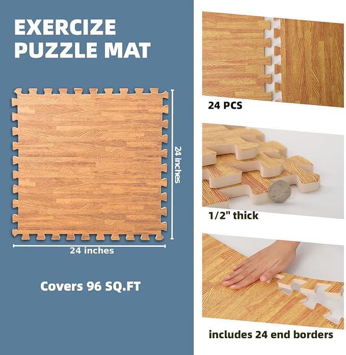 Art3d 96 Sq.Ft Eva Puzzle Exercise Mats, 24"x24" x 1/2" Thick Foam Interlocking Tiles for Flooring, Workout, Gym Equipments, Pack of 24, Teak