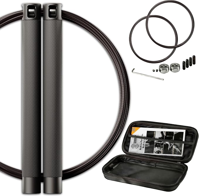 GODROP Jump Rope - Adjustable Speed Jump Rope - 2x Steel Coated Ropes, Carrying Case - Aluminum Anti Slip Handles with Double Ball Bearings for Double Unders, CrossFit, Boxing & Home Workout for Men & Women