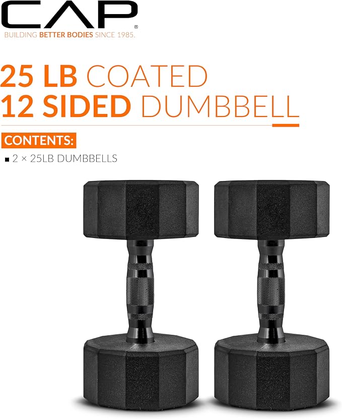CAP Rubber Coated Dumbbell Weights, Free Weights for Home Gym Strength Training, Anti-Roll Hex Dumbbells with Black, Chrome & Comfort Grip Handles, Pairs & Sets