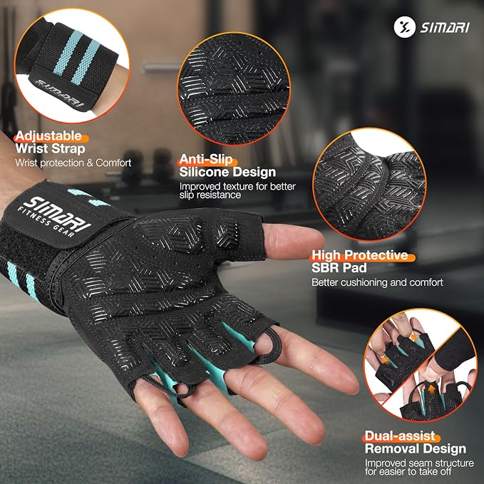 SIMARI Workout Gym Gloves for Men Women, Weight Lifting Gloves with Wrist Wrap Support, SBR Pad Grip for Full Palm Protection, for Exercise, Fitness, Dumbbells, Barbell, Climbing, Fingerless