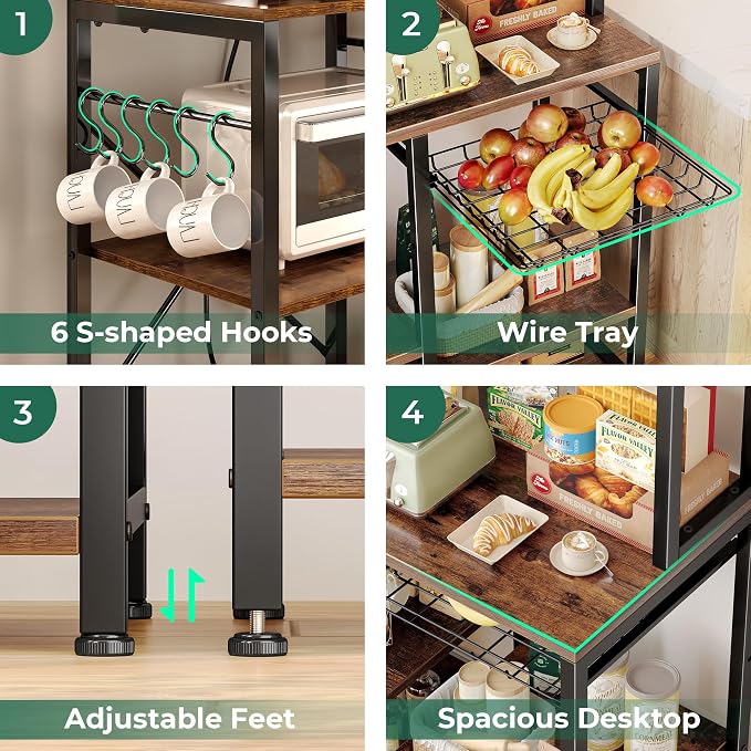 SUPERJARE Bakers Rack with Power Outlet, 47.2 Inches Coffee Bar with 3 Level-Adjustable Open Shelves, Wire Basket, Kitchen Microwave Stand with 6 S-Shaped Hooks, Rustic Brown