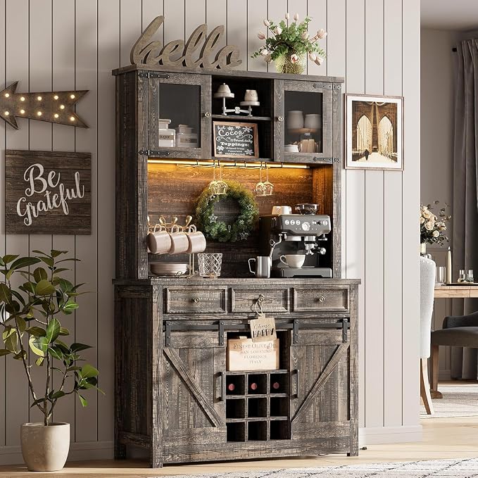 GarveeHome 72" Farmhouse Coffee Bar Cabinet with LED Lights & Power Outlets | Tall Kitchen Buffet Hutch with 3 Drawers & Wine Glass Rack, Sliding Barn Door, Ample Storage for Home Bar, Dark Oak