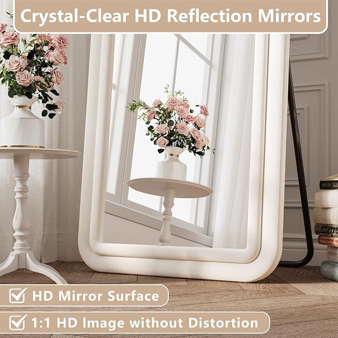 Arched Full Length Mirror 63"x24", Flannel Floor Mirror | Full Body Mirror with Stand, Flannel Mirrror Bedroom and Living Room, Wall Mirror Hanging or Leaning, White