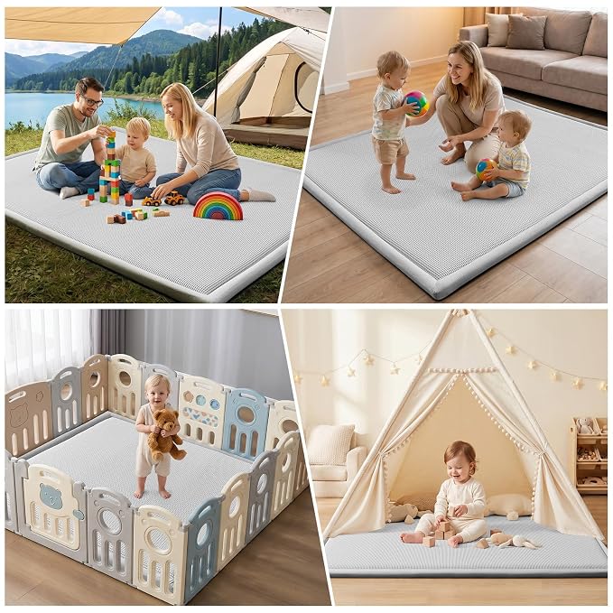 Baby Play Mat for Floor Nursery Rug Muscle Area Rug Playroom Rug 50x50" Elastic Foam 1.3" Thick Crawling Mat for Babies,Toddlers, Infants,Kids(Plaid Light Grey)