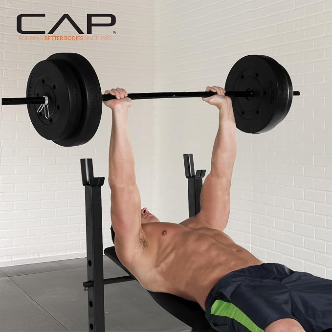 CAP Barbell Standard Weight Bench with Leg Developer and a 100 LB Vinyl Weight Set – Adjustable Backrest, Barbell, and Cement Plates for Home Gym