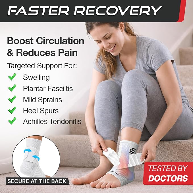 Sleeve Stars Ankle Brace for Women & Men, Ankle Wrap for Sprain, Compression Sleeve for Plantar Fasciitis Relief, Easy Customizable Support: w/ Removable Strap (Pair/M:10"-12"/White)