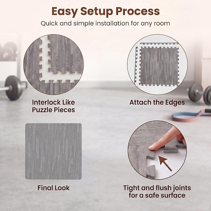 Giantex 25 Pcs Faux Wood Grain EVA Foam Tiles, 24"x24" Interlocking Floor | 100 Sq. Ft Puzzle Exercise Mats with 50 Borders, 0.4" Thick Waterproof Anti-Slip Flooring for Home Gym, Basement, Gray Oak