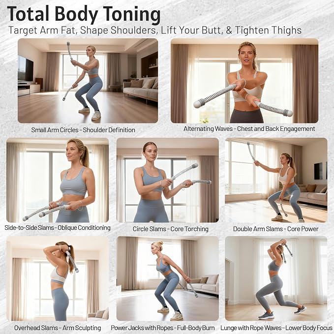 Portable Ropeless Battle Ropes for Men & Women,Adjustable Weights Cordless Battle Ropes for Home Gym,Exercise Ropes with Variable Resistance,for Strength & HIIT(Grey)