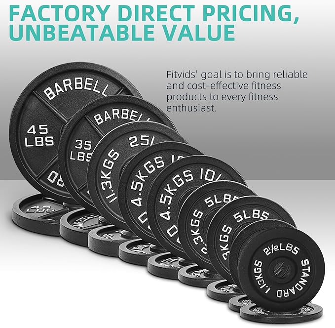 Fitvids Barbell Weight Set, Cast Iron 1" Standard Weight Plates Including 5FT Standard Barbell Bar & Star Locks, 95 Pounds Set (85 Lbs Plates + 10 Lbs Barbell Bar), Multiple Packages