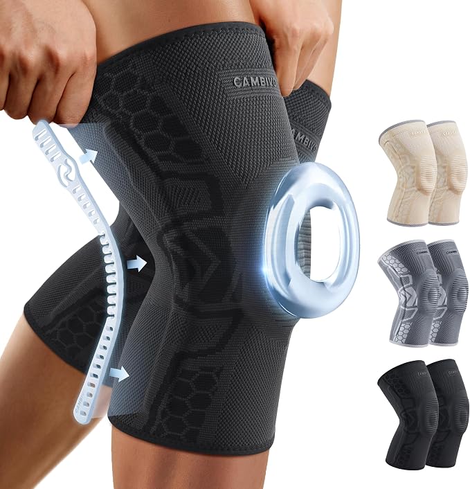 CAMBIVO Knee Brace for Men & Women, 2-Pack Compression Sleeve with Gel Pad | Patella Gel Pad with Side Stabilizers for Knee Pain Relief. Ideal for Running, Weightlifting & Arthritis, Workout, Daily Use