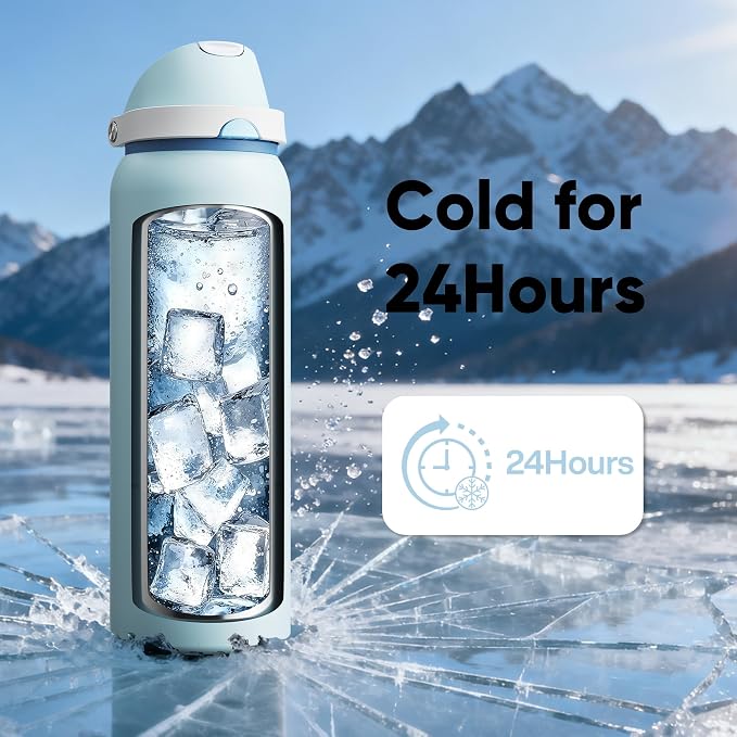Insulated Water Bottle with Straw - Encool Stainless Steel Water Bottle with Push Button Lid, Leak-Proof & BPA-Free, Keeps Cold for 24 Hours for Sports, Travel, Gym (40 oz, Jungle Mist)