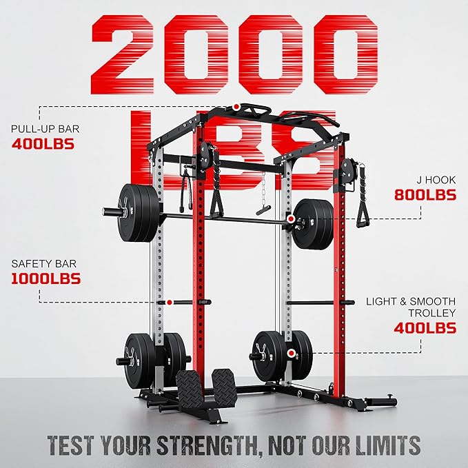 DP01 Power Cage, 2000LBS Squat Rack with Cable Crossover and Dual Independent Pulley System, Full Cage for Full Body Training, Power Rack with More Training Attachments for Home Gym