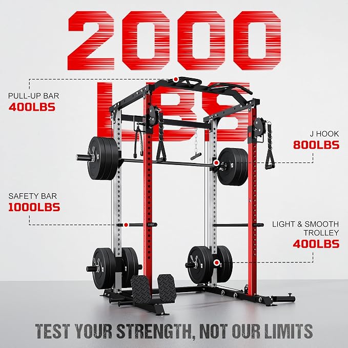 DP01 Power Cage, 2000LBS Squat Rack with Cable Crossover and Dual Independent Pulley System, Full Cage for Full Body Training, Power Rack with More Training Attachments for Home Gym