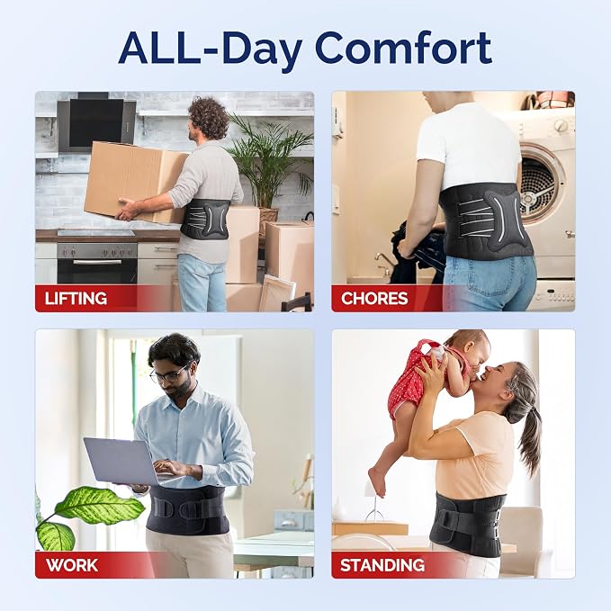 FEATOL Lower Back Brace with 5 Reinforced Stays for Women and Men, Adjustable Snug-Fit Lumbar Support Belt for Work, Size 3XL, Waist 48.4-53.1 in, Grey