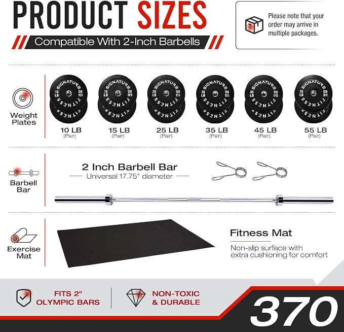 Fitvids 2-Inch Olympic Rubber Weight Plates Sets, Bumper Plates Set Barbell with Mat for Strength Training, 80-370 Lbs Multiple Options