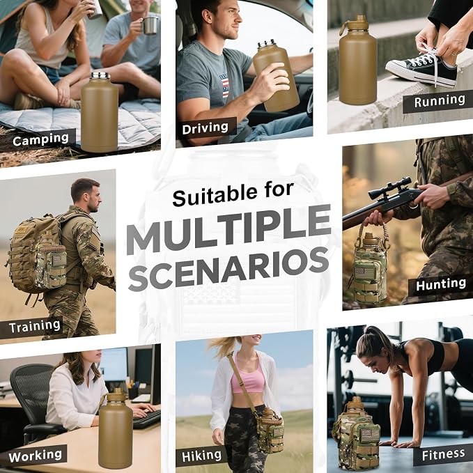 DEFUNX Half Gallon Water Bottle Insulated with Sleeve - Tactical 64 oz Stainless Steel Water Jug with MOLLE Water Bottle Pouch, Gym Water Bottles for Men Hiking Workout (CP Camo)