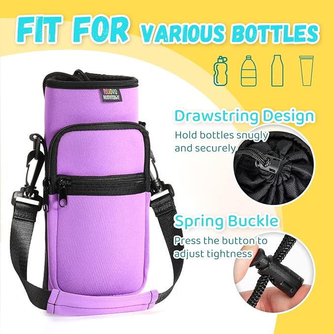 Nuovoware Water Bottle Carrier Bag, 25oz/32oz Bottle Pouch Holder, Adjustable Shoulder Hand Strap 2 Pocket Sling Neoprene Sleeve Sports Water Bottle Bag for Men Women Hiking Travel, Taro Purple | Adjustable Shoulder Hand Strap, 2 Pocket, Neoprene Sleev...