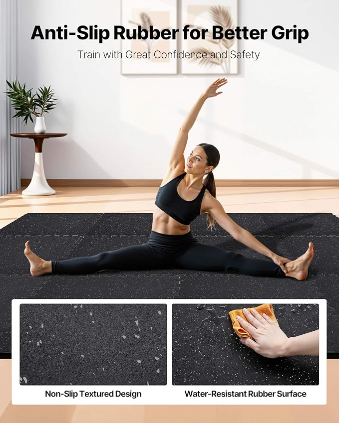 VEVOR 0.79Inch 48sq.ft 12 Tiles Gym Flooring for Home Gym, Rubber Top with High Density EVA Foam, 24 x 24In Gym Floor Exercise Equipment Mats, Interlocking Gym Mats, Puzzle Workout Mats, Black & Gray | Rubber Top with High Density EVA Foam, Lightweight...