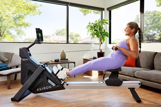 StrongGo Rowing Machine -Compatible with iPad—Dual Air & Magnetic Resistance Up to 100 lbs | Game-Based Workouts, Compact Storage Design