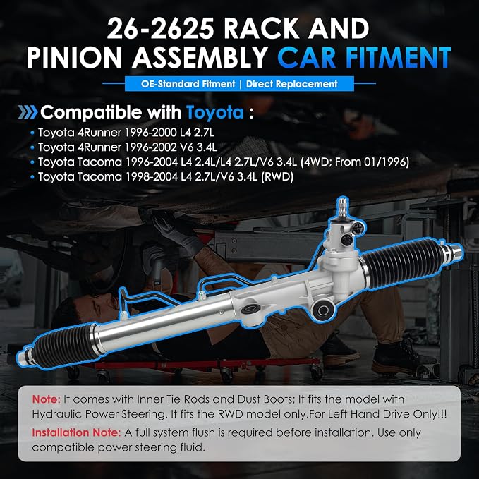 26-2625 Hydraulic Power Steering Rack and Pinion Fit for Toyota Tacoma 1996-2004 2.4L 2.7L 3.4L, 4Runner 1996-2000 2.7L 3.4L, 4Runner 01-02 3.4L Automotive Replacement Rack & Pinion Assembly