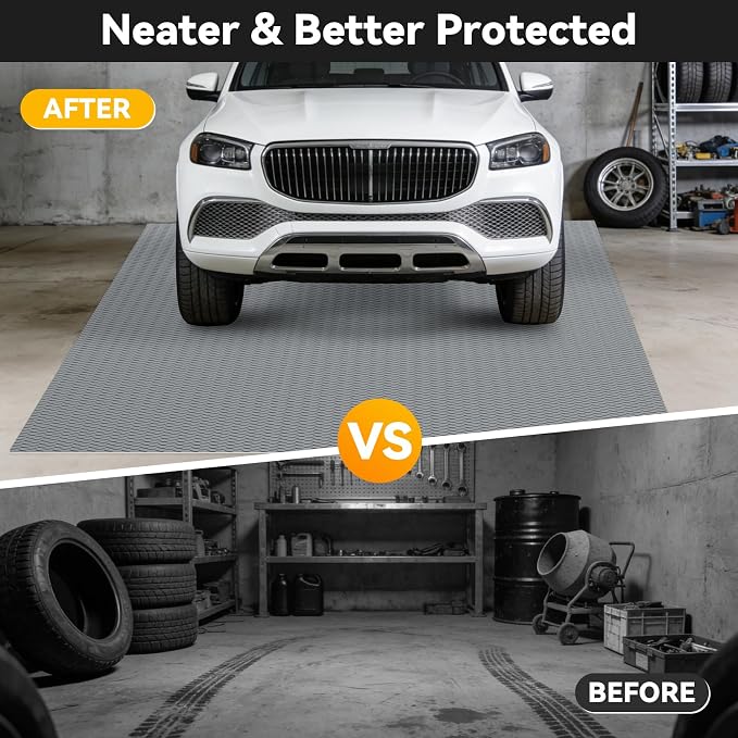 10x20 FT Garage Floor Mat, 2.8mm Thickened Flooring Roll for Under Car Diamond Plate PVC Rubber Mat with 20 Pcs Tapes, Non-Slip Floor Mat for Garage, Warehouse, Gyms, Trailer, Gray