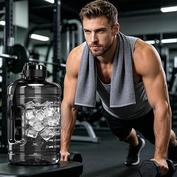 1 Gallon Water Bottle, Water Jug with Time Marker & Straw & Handle,2 Lids | BPA Free,Gallon Water Jug, Half Gallon water Bottle for Sport Gym Camping Workout Outdoors Yoga (Clear Black)