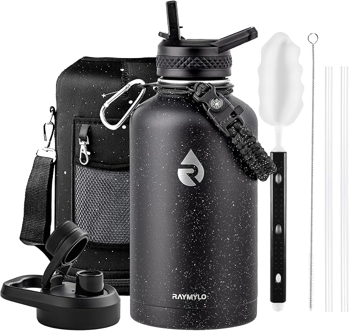 RAYMYLO Insulated Water Bottle 64 oz, Triple Wall Vacuum Stainless Steel | (Cold for 48 Hrs), Leak Proof & Non-BPA, Half Gallon Water Flask Jug with Paracord Handle & Straw Spout Lids