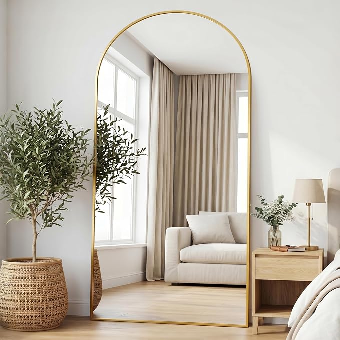 77"x38" Arched Full Length Mirror with Stand, Free Standing Leaning Wall Mounted Aluminum Alloy Frame Mirror for Bedroom Living Room Cloakroom, Gold