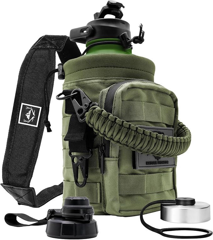 NATURE PIONEOR 64 oz Tactical Water Bottle with MOLLE Bottle Pouch & 3 Lids | 18/8 Food-grade Stainless Steel, Double Vacuum Insulation, 3 Leak-proof Lids, Handle, Strap, Camping, Hiking, Gym, Work
