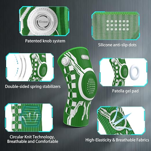 Kuangmi Knob Knee Brace for Pain Relief, Knee Support with Patella Gel Pad & Side Stabilizers, Compression Knee Sleeve for Workout, Arthritis, Joint Pain, Meniscus Tear (Green White,Left,Medium,Single)