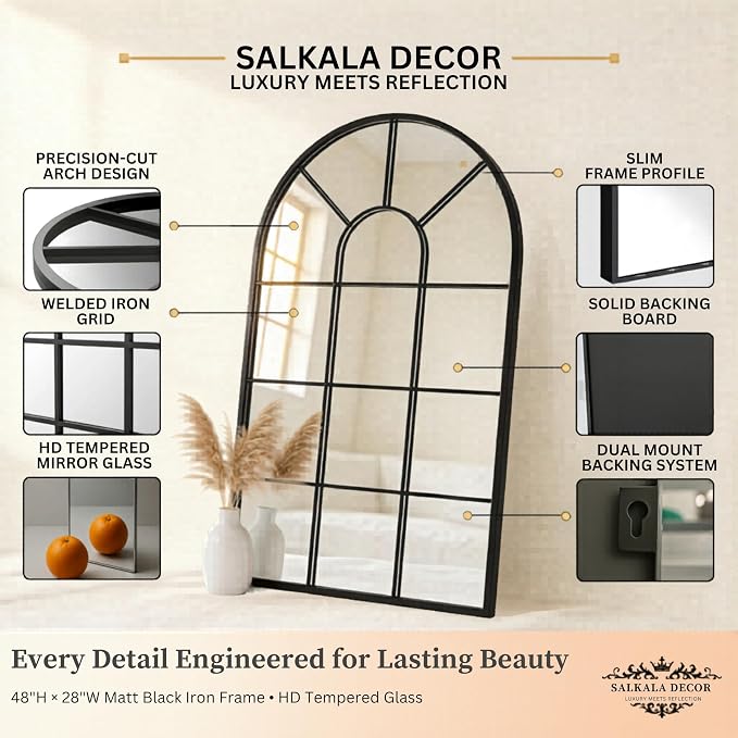 48x28Inch Arched Window Pane Mirror| Black Arched Mirrors for Wall & Floor | Arch Mirror Full Length for Entryway Living Room & Bedroom | Oversized Mirrors | Wall Art Decorative |Farmhouse Décor