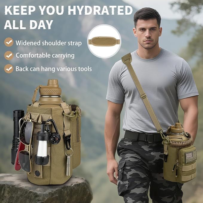 DEFUNX Half Gallon Water Bottle Insulated with Sleeve - Tactical 64 oz Stainless Steel Water Jug with MOLLE Water Bottle Pouch, Gym Water Bottles for Men Hiking Workout (Brown)