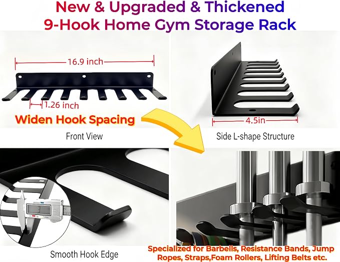 9 Hook Wall Mount Gym Storage Rack, Heavy-Duty Fitness Equipment Organizer | Thickened 3mm Steel Construction with Wide-Spaced Hooks Helps Prevent Crowding and Keeps Gear Easy to Access