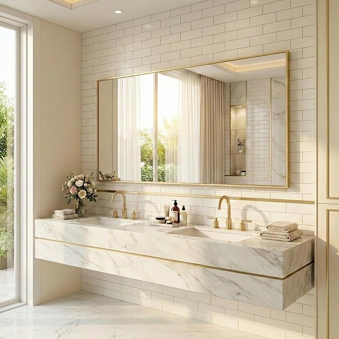 30" x 60" Gold Wall Mirror for Bathroom, 60" x 30" Extra Large Metal Framed Accent Decor, Horizontal Mirror for Dining Room & Double Vanity
