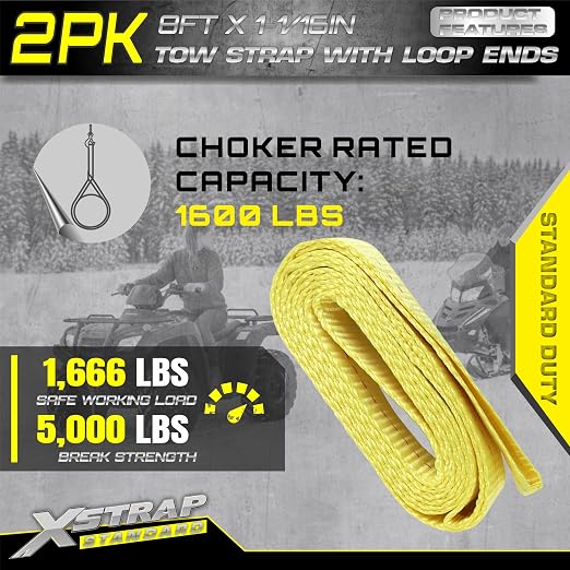 XSTRAP STANDARD 2PK 1-3/4''x 8FT Lifting Sling Web Tow Straps w/Loop End | 5000 lbs Breaking Strength, Heavy Duty Flat Lift Sling Web Straps for Rigging, Moving, Hoist, Tree Stump Removal