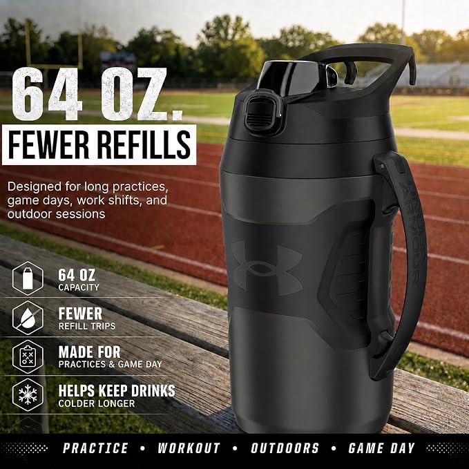Under Armour Insulated Water Bottle with Handle & Fence Hook, Half Gallon Sports Water Jug, Leak-Resistant & BPA-Free for Baseball, Football & Gym - Jet Grey/Black, 64oz