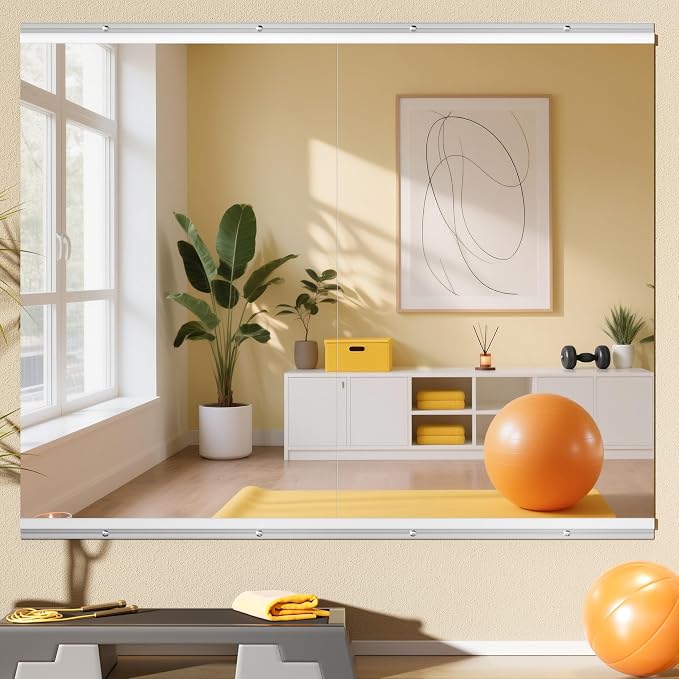 44"x29" 2 Pack Home Gym Mirrors, Large HD Frameless Tempered Glass, Full Body Wall Mount Mirrors for Home Gym, Yoga, Dance Studio, Workout, Silver Clamp Rail
