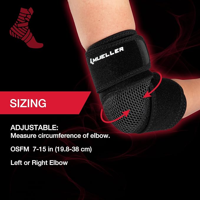 MUELLER Sports Medicine Adjustable Elbow Brace, Elbow Pain Relief Support Sleeve for Men and Women, For Tennis, Golf, Painting, Factory-Line Work, and More, Black, One Size | medical-braces-and-supports