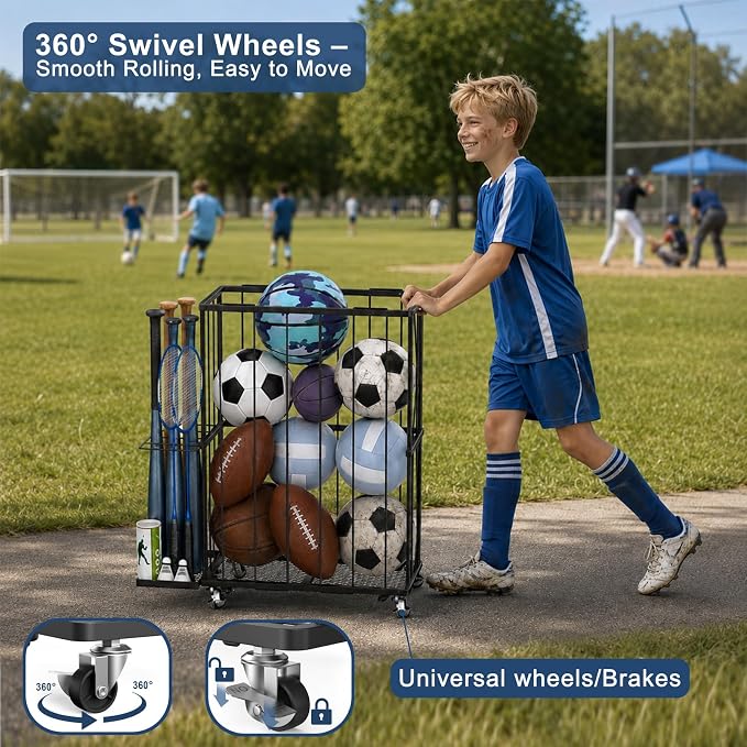 Garage Ball Storage Rack with Wheels, Metal Sports Ball Holder | Basketball Soccer Volleyball Holder with Adjustable Elastic Cords, Ball Organizer Space Saving Rack for Basement Gym Outdoor